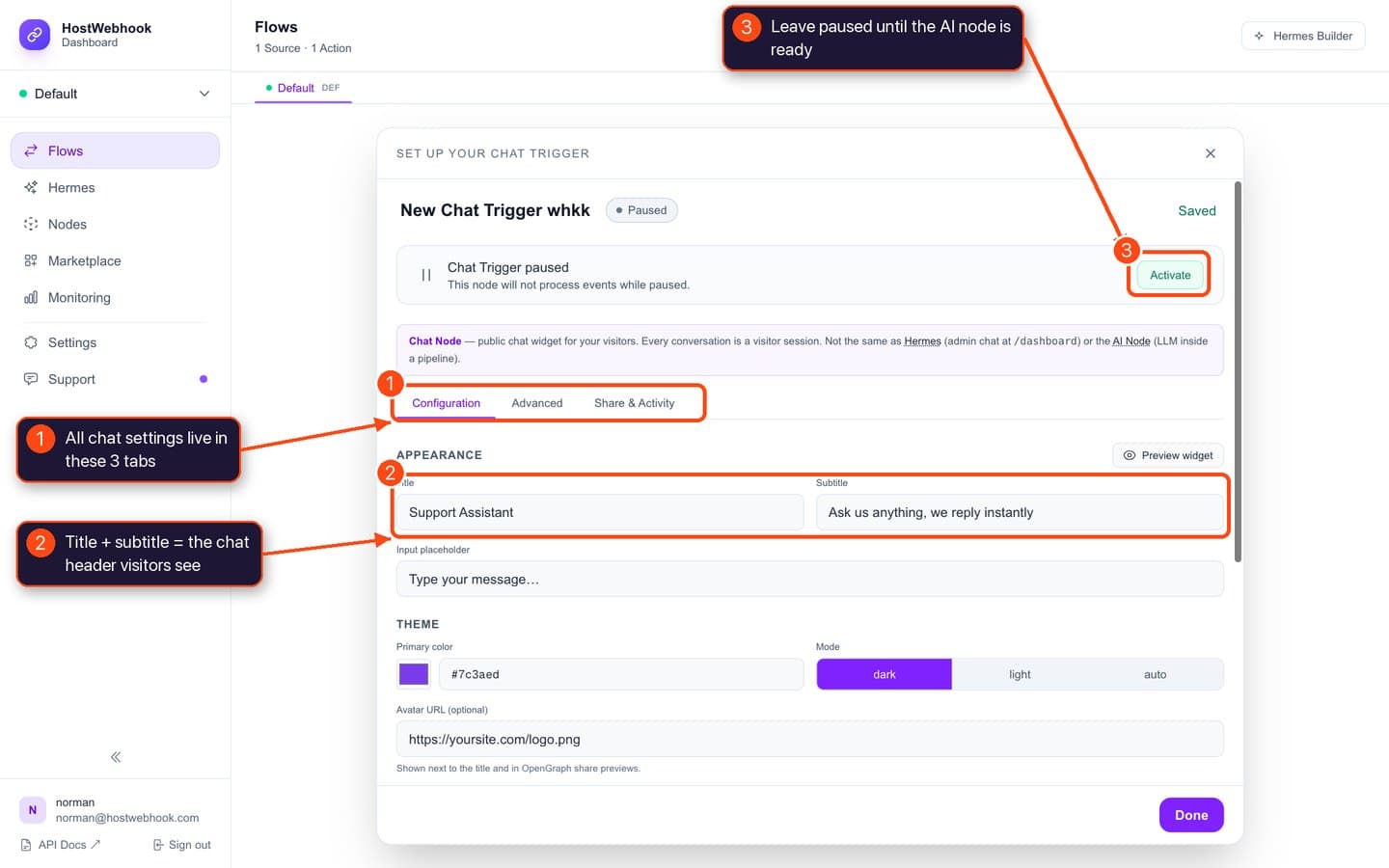 Chat Trigger configuration tab with title and subtitle filled in
