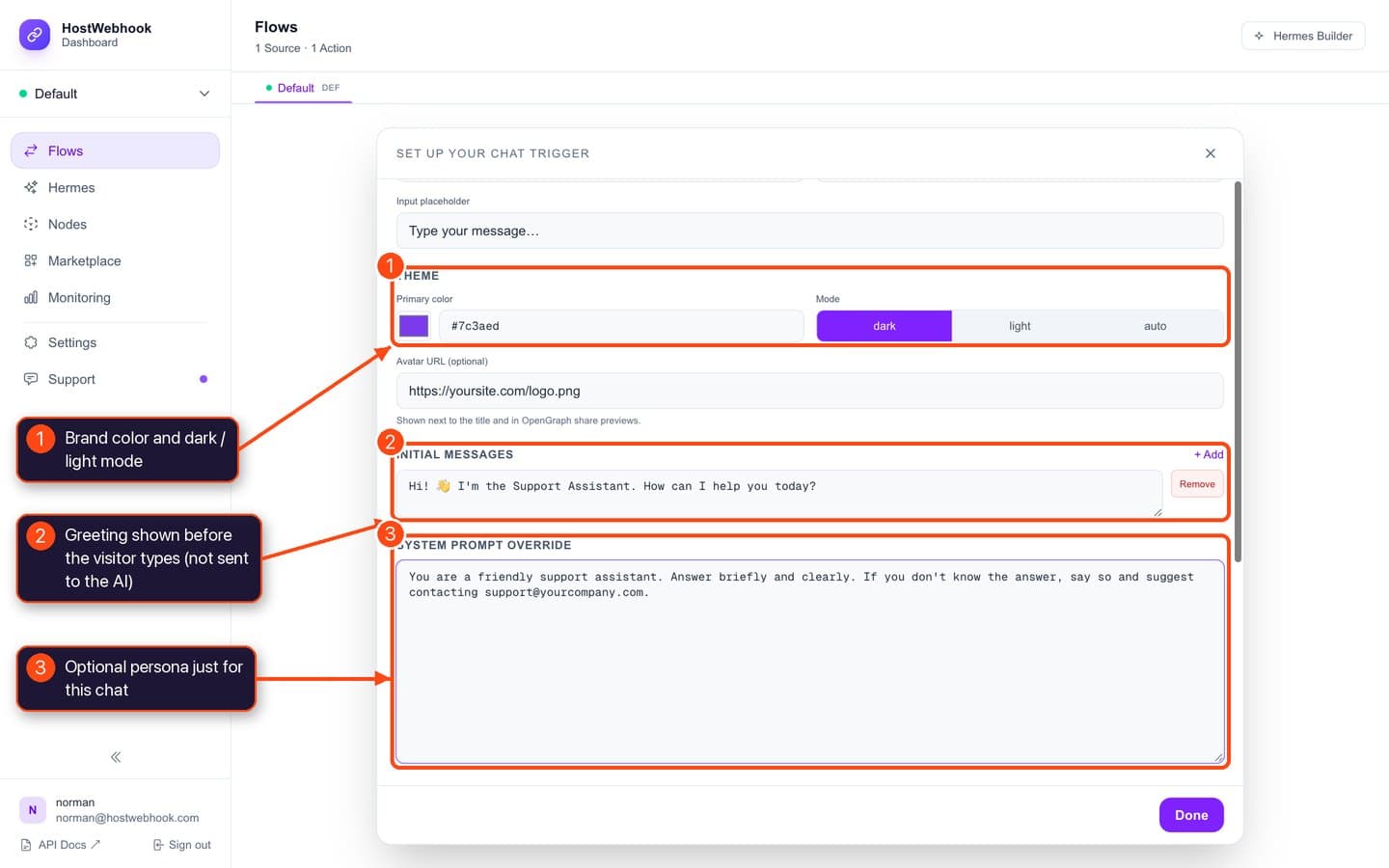 Theme, initial message and system prompt override fields