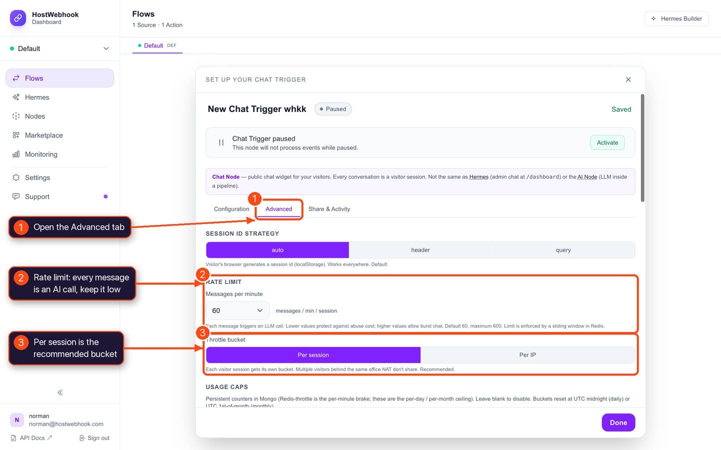 Advanced tab with session ID strategy and rate limit