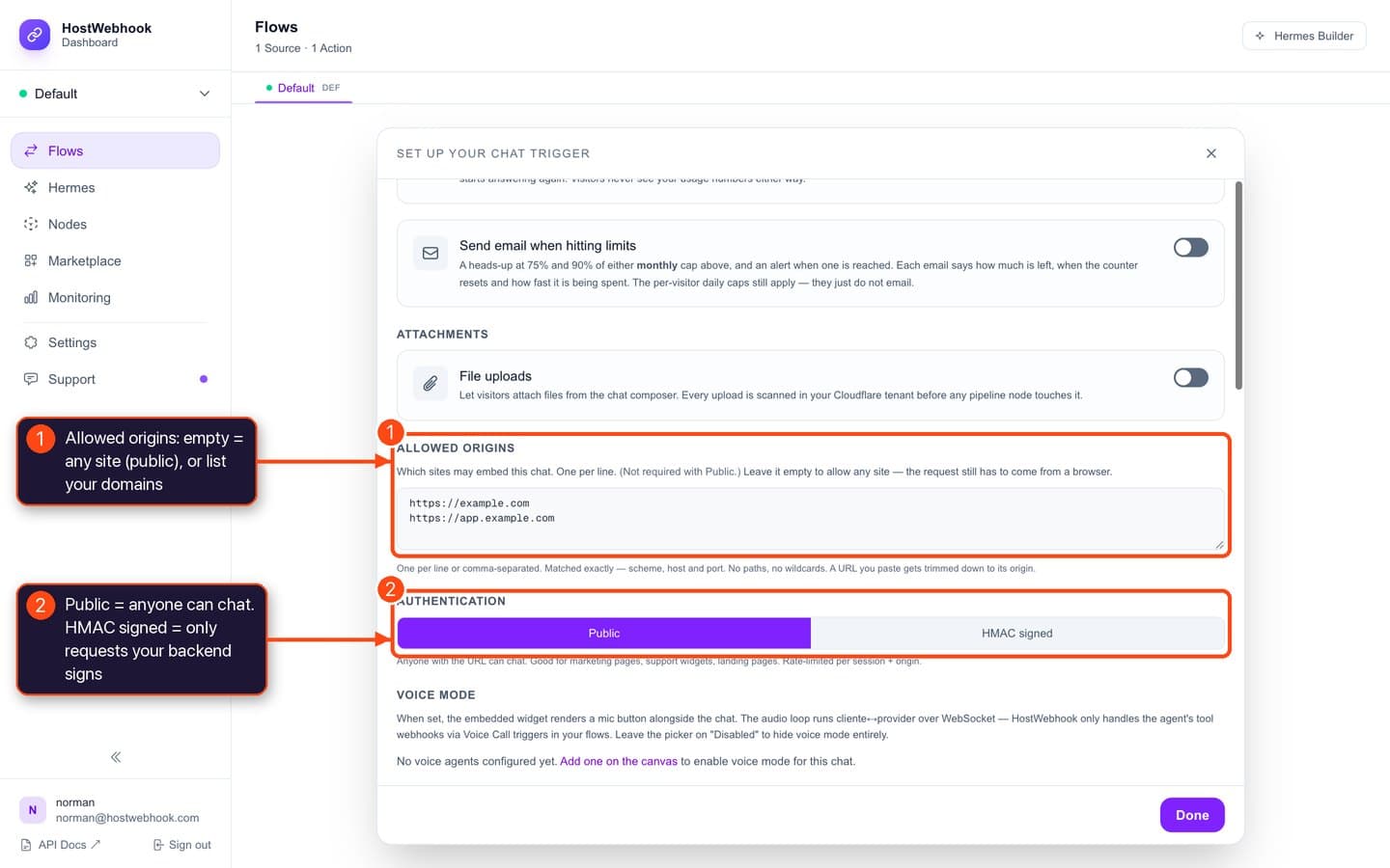 Allowed origins and authentication settings