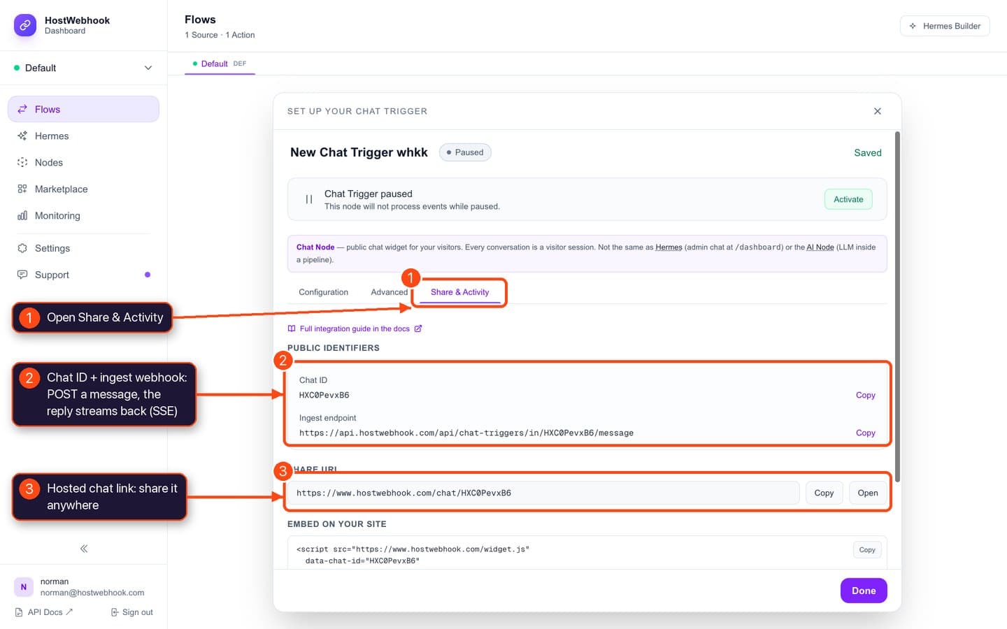 Share and Activity tab with Chat ID, ingest endpoint and share URL