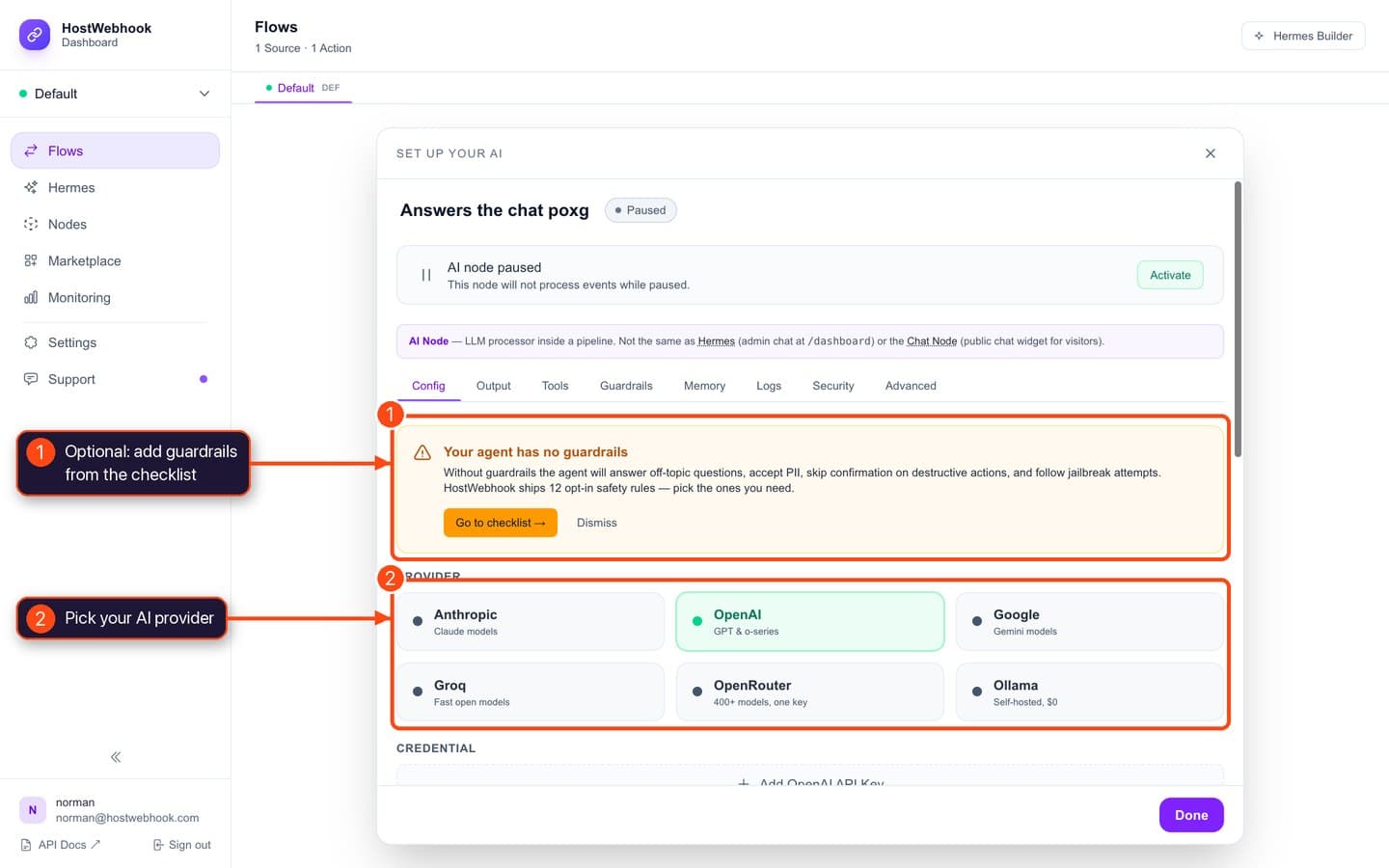 AI node configuration with provider options