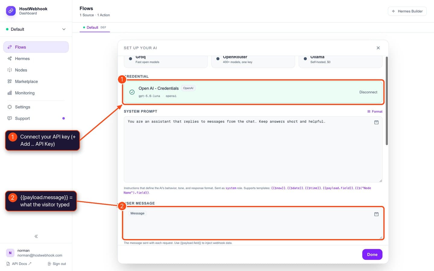 Connected OpenAI credential and user message chip