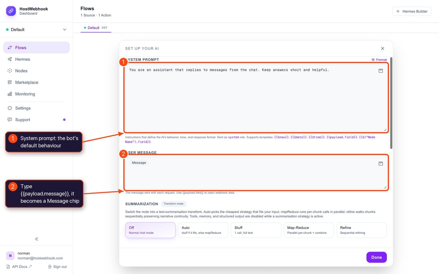 System prompt and user message fields
