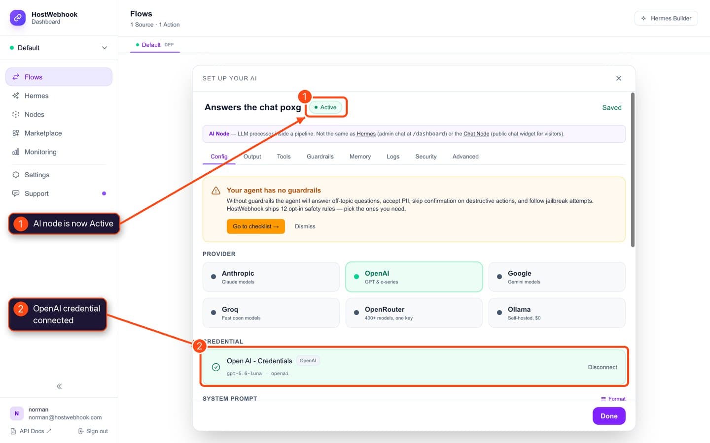 AI node showing Active status