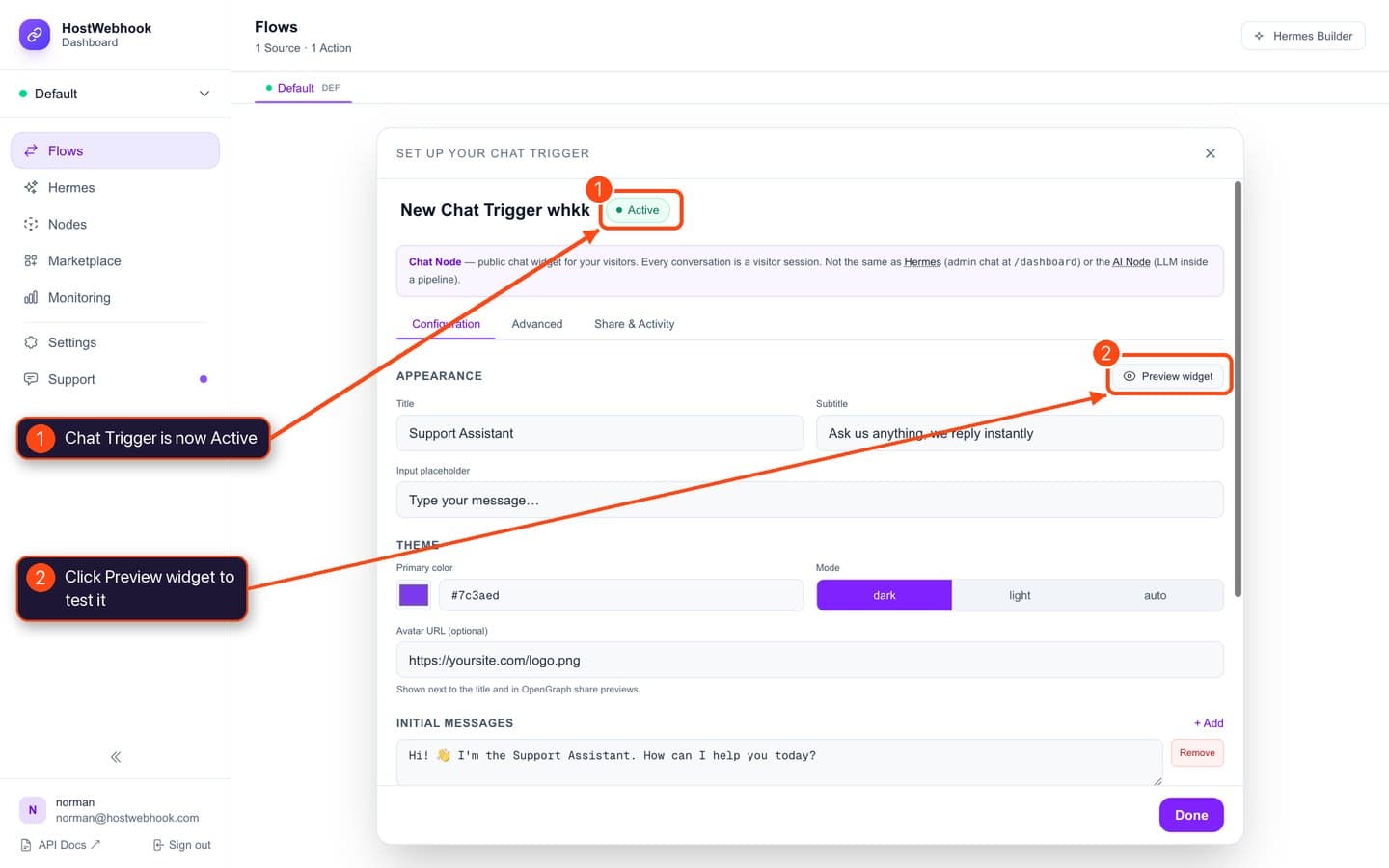 Chat Trigger showing Active status