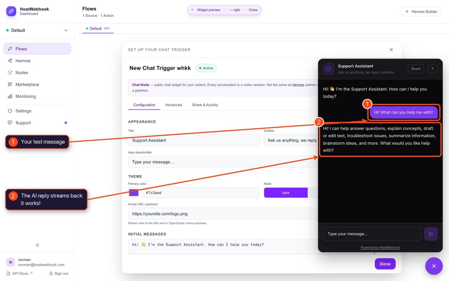 Preview widget showing a test message and AI reply